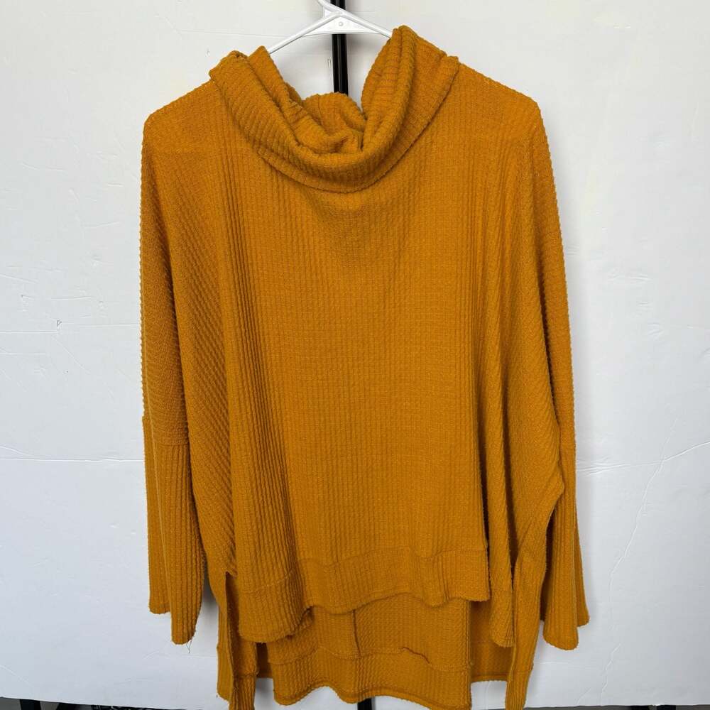 Urban Daizy Mustard Yellow Waffle Knit Cowl Neck High-Low Tunic Pullover